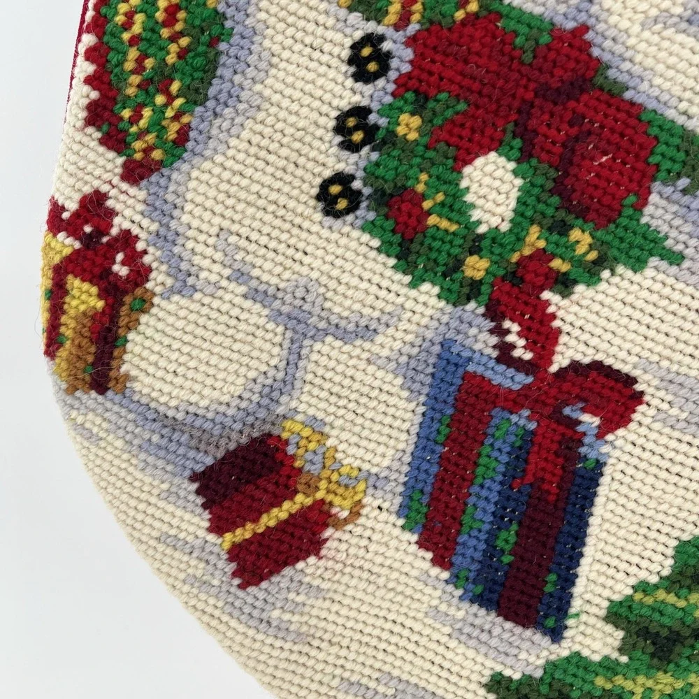 Needlepoint Christmas Stocking Completed Snowman Family Gifts Wreath Velvet, 20